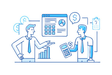 Poster - Two businessmen discussing financial data and using a calculator with charts and graphs in the background
