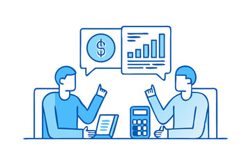 Poster - Two business people discussing financial growth and investment opportunities with a laptop and calculator