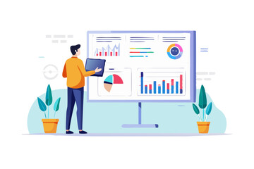 Poster - Man in orange shirt presenting financial data charts and graphs on a large screen