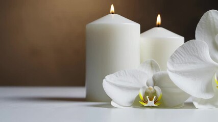 Aufkleber - White burning candles and orchid flowers create a relaxing atmosphere on a white table against a brown background, perfect for representing spa treatments, wellness, and beauty