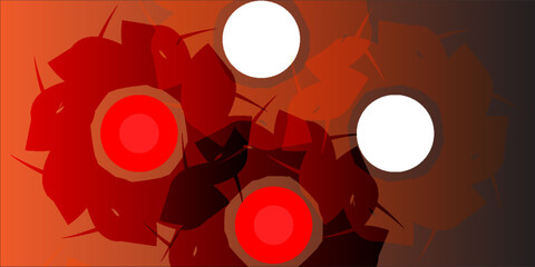 Poster - a red and white centers on a gradient brown background, Abstract dual flower design with glowingfeaturing symmetrical, spiky petals in a digital style.