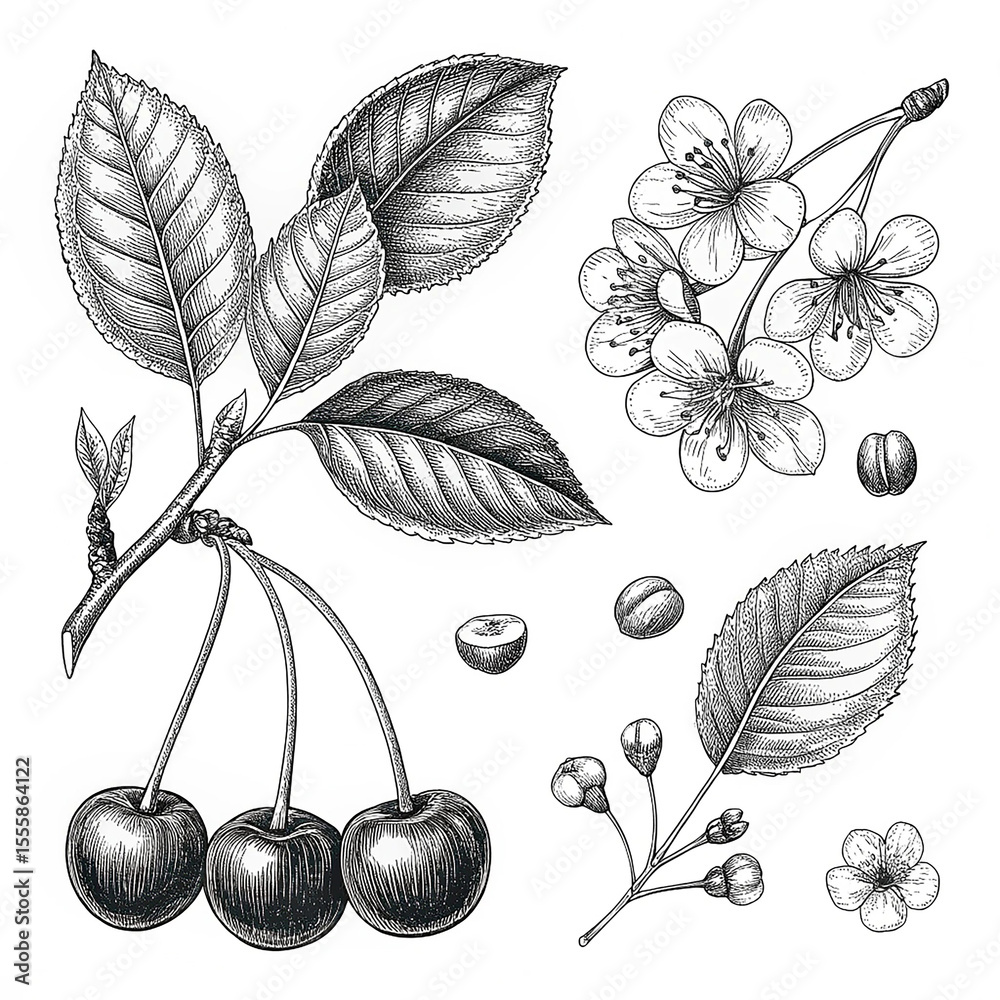 Cherry set of vector black and white illustrations hand drawn with ink ...