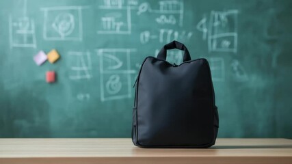 Aufkleber - Black school backpack sitting on a desk in a classroom, in front of a green chalkboard with drawings and equations, ready for the start of the school day
