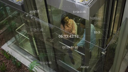 Poster - Coworkers starting discussion after elevator door opening in office atrium with holographic overlay