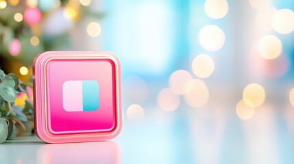 Leinwandbilder - Closeup of a pink square button on wooden table, study in geometric simplicity