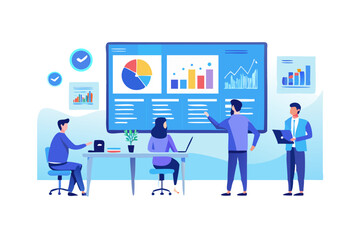 Poster - Diverse team collaborates on data analysis and business strategy presentation