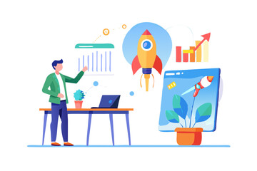 Poster - Man presenting business growth strategy with rockets and financial charts on a dark background