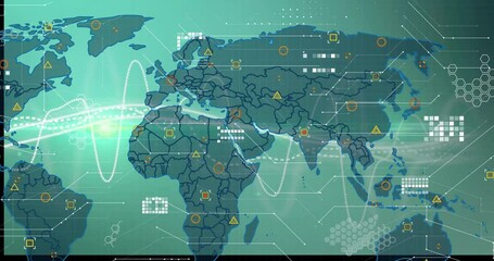 Poster - Green map initiating white wave sweeping then displaying markers and grids for monitoring interface