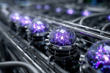 Poster - Futuristic energy spheres emitting purple light in a high-tech laboratory setup