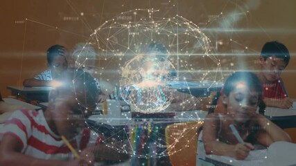 Poster - Students writing in class causing digital globe rotating above desks illustrating education network