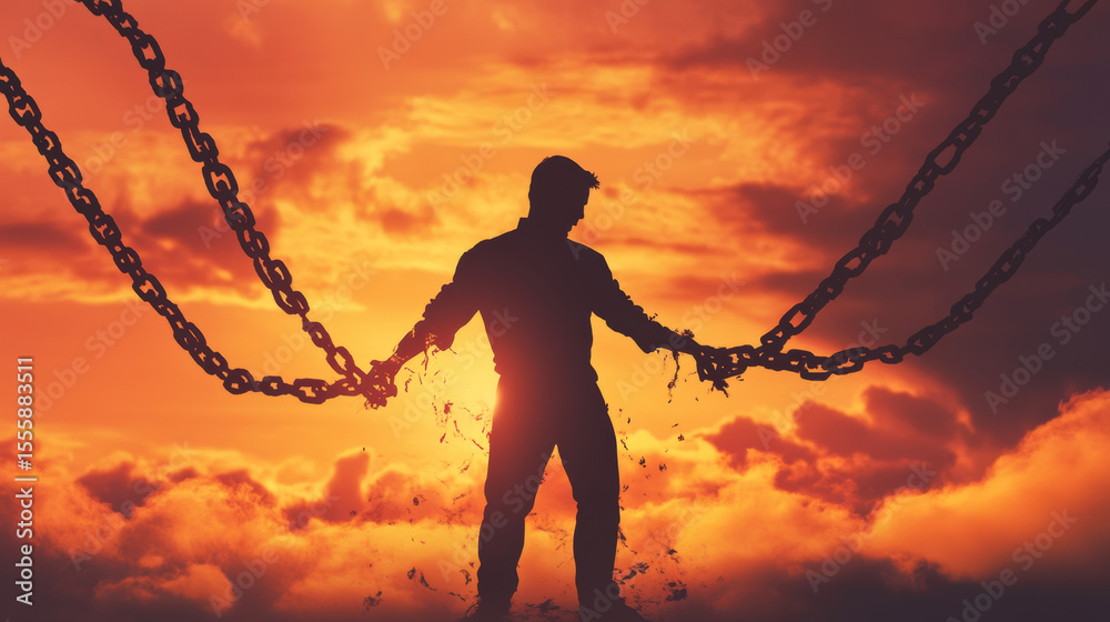 Silhouette of a man breaking chains at sunset. Symbolic image of ...