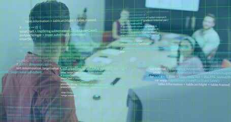 Poster - Presenter gesturing display, starting grid code overlay at business meeting as colleagues observing