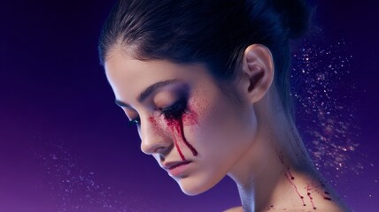 Poster - Dramatic Portrait of Young Woman with Paint and Glitter Effects Displaying Emotion and Intensity