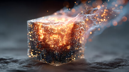 Fototapete - The Cube's Transformation: A vibrant cube, at the peak of its energy transformation, its core radiating a bright, fiery light while nebulous effects subtly diffuse into the surrounding space.