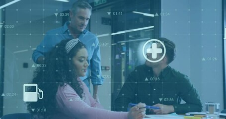 Poster - Mature man ending phone call and joining team around tablet, business icons popping for planning