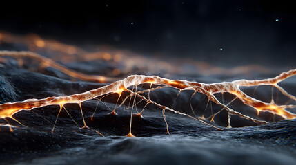 Fototapete - Glowing Neural Network: Abstract close-up of a glowing neural network, resembling intricate branching structures with luminous nodes, set against a dark, textured background.