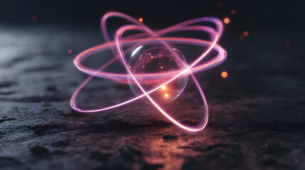 Poster - Atom structure illustration: A visually stunning depiction of an atom's structure. Neon-like, the vibrant rings orbit around a central sphere, creating a sense of motion, energy.