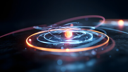 Poster - Atomic Orbit: A stunning visualization of an atom's intricate structure, showcasing electrons orbiting a central nucleus in a mesmerizing display of light and energy.