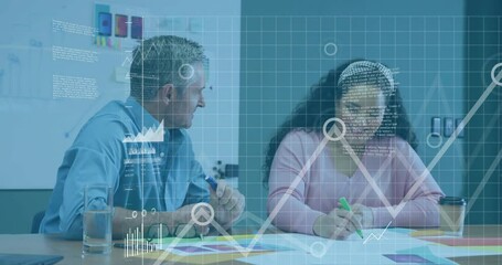 Poster - Two colleagues raising markers and sparking notes with holographic data charts in business meeting