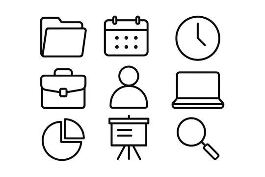 Organized Workflow Icons: A minimalist collection of essential business and productivity icons, each meticulously designed to represent key aspects of workflow, from files to meetings.