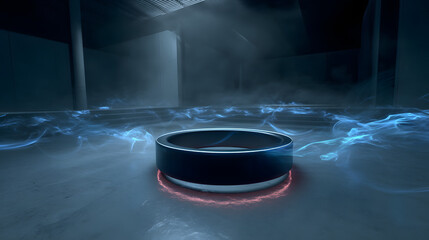 Poster - Futuristic Ring: A sleek, glowing ring levitates within a futuristic chamber, showcasing a blend of minimalist design and advanced technology, all set against a cool, ambient atmosphere.