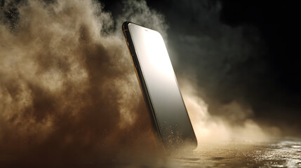 Poster - Modern Tech in a Tempest: A cutting-edge, sleek smartphone stands defiantly amidst a dramatic swirling storm, creating a juxtaposition of innovation and raw power. 