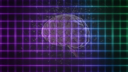 Poster - After neon grid appearing and holographic brain fading, pulsing and rotating representing data flow