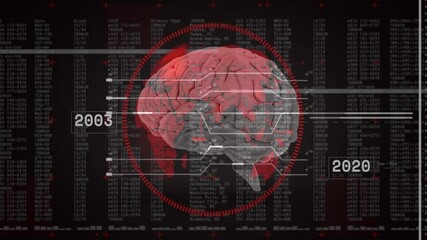 Poster - Gray 3D brain rotating on startup, red scanning arc pulsing, drawing white lines to timeline labels