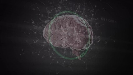 Poster - 3D digital brain model rotating after green ring appears, pulsing circuits mapping neural data flow