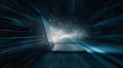 Poster - Digital Gateway: A modern laptop serves as a portal, projecting a futuristic digital landscape, inviting exploration of the interconnected world of technology and innovation.