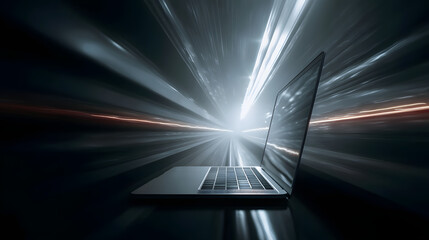 Fototapete - Digital Gateway: A modern laptop is showcased against a backdrop of dynamic streaks, representing rapid data flow. the image reflects the contemporary landscape of information technology.