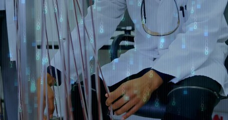 Poster - Laboratory technician reaching in tube array and aligning blue clip connector ensuring fluid flow