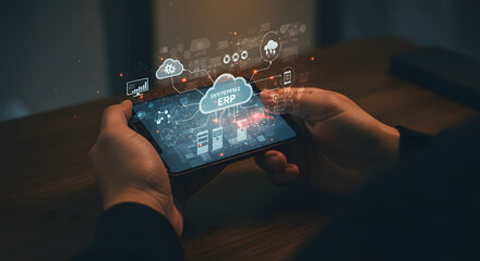 Poster - Cloud Computing on Mobile: A person's hands hold a smartphone displaying a holographic projection of cloud computing technology, illustrating seamless connectivity and data management. 