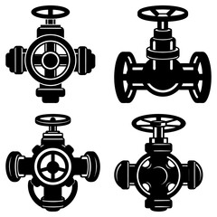 Poster - Illustration of four black and white pipeline valves with different designs and wheel handles on top