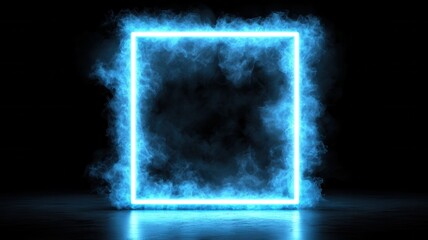 Poster - Orange vibrant blue neon square frame glowing on a dark background with smoke and bokeh lights, creating a and and futuristic backdrop