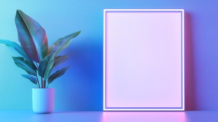 Aufkleber - Potted plants casting shadows on modern vibrant blue wall featuring a glowing neon frame, creating a a and stylish atmosphere