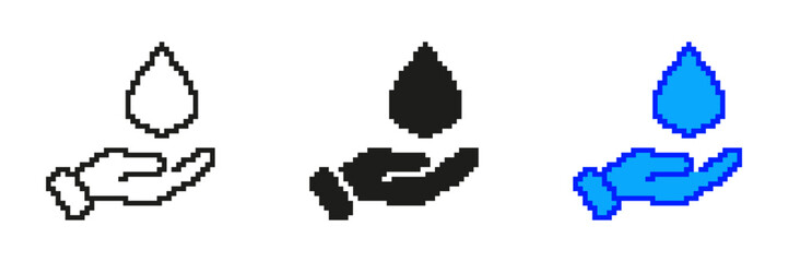 Fototapete - Hand Holding Water Droplet Icon Set In Pixel Art. Pixelated Symbol of Water Conservation. Isolated Vector Illustration