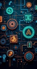 Poster - Futuristic Technology Circuit Board with Glowing Icons and Lines for Data Transfer