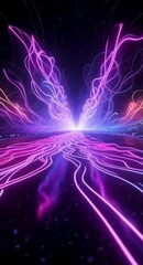 Poster - Abstract Neon Light Trails Converging on a Horizon in a Dark Space