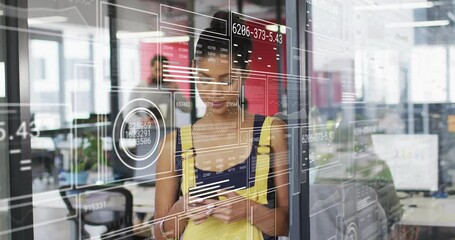 Poster - Woman scrolling phone screen in business office, displaying data graphics for tracking performance
