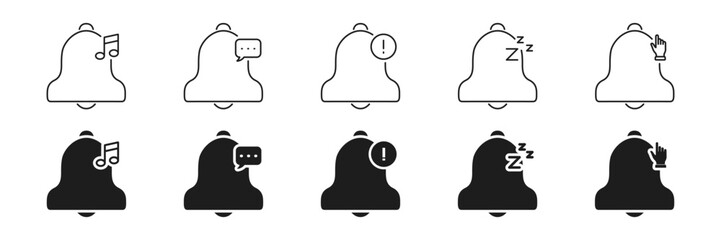 Fototapete - Notification Bell Icon Set. Alert, Message, Reminder, Sleep, And Interaction Symbols Collection. Communication And User Engagement Indicators. Isolated Vector Illustration