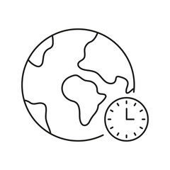 Poster - World Globe With Clock Line Icon. Global Time Management And International Scheduling Outline Symbol. Time Zone Awareness And Worldwide Coordination. Editable Stroke. Isolated Vector Illustration