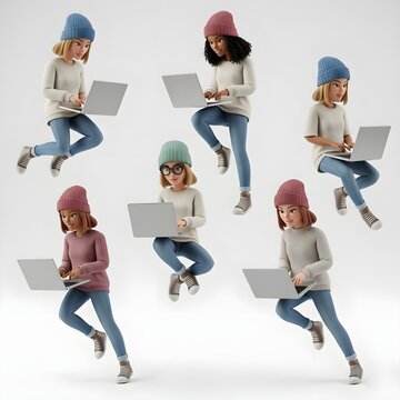 Adorable Cartoon Girls Working on Laptops Digital Art Illustration