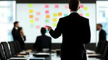 Aufkleber - Businessman is leading a meeting with his colleagues, using colorful sticky notes on a whiteboard to illustrate key points and facilitate discussion