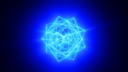 Poster - Glowing blue digital sphere with luminous thread lines and sharp starburst effects