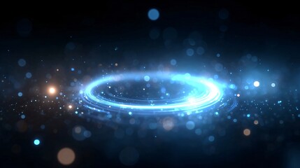 Poster - Futuristic glowing blue ring and particles on dark background, abstract sci-fi energy field, ideal for tech or design projects