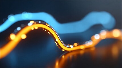 Poster - Abstract glowing orange and blue wavy lines with bokeh on dark background, modern technology concept, no text space