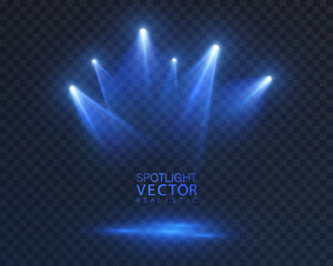 Aufkleber - Stage spotlights with blue glow and bright downward beams. Realistic vector spotlight for stages, presentations and show design.