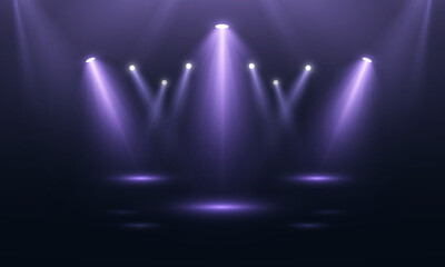 Aufkleber - Stage spotlights with violet glow and downward beams. Realistic vector spotlights for stages, presentations and show design.