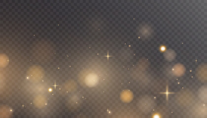 Fototapete - Gold dust light bokeh. Christmas glowing bokeh and glitter overlay texture for your design on a transparent background. Golden particles abstract vector background.	
